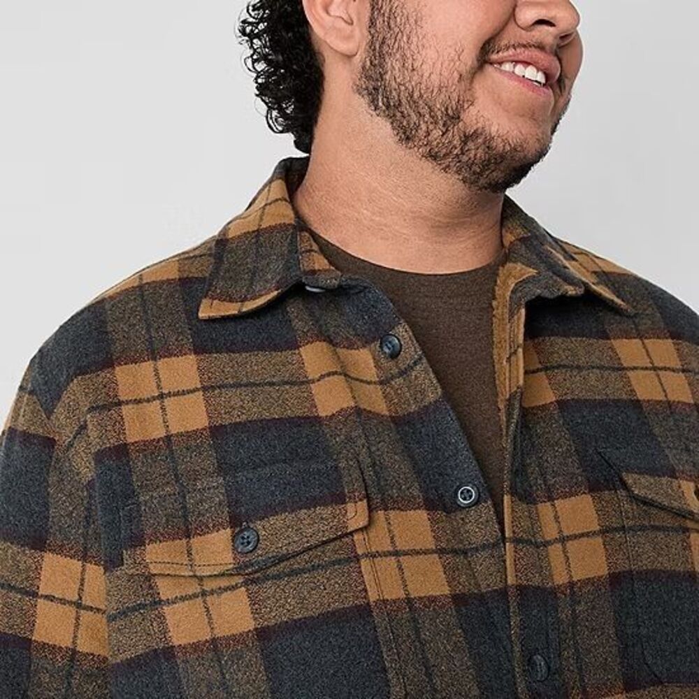 NWT Mutual Weave Mens XXL Shirt Jacket Charcoal Check Gray Yellow Plaid Sherpa - Picture 3 of 4